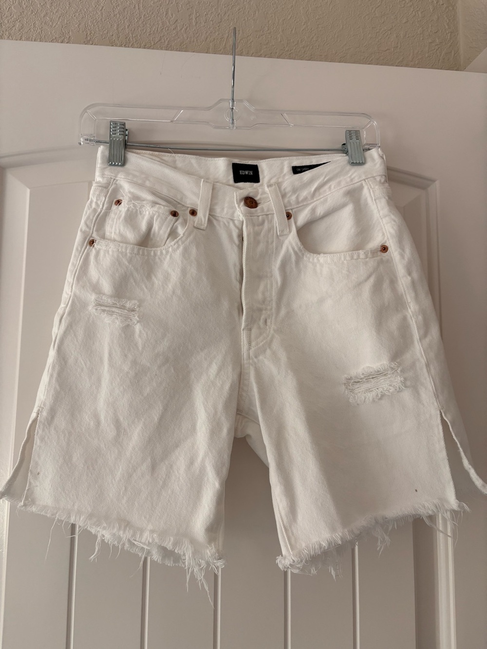 Edwin White Distressed Frayed Hem Denim Shorts